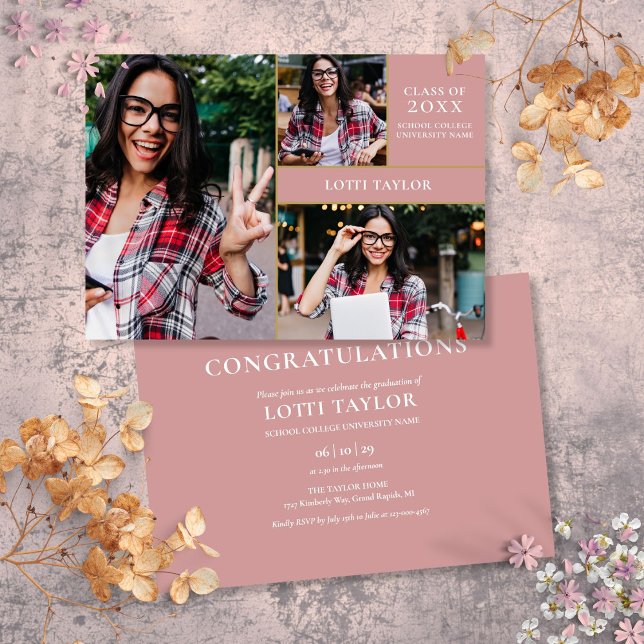 Dusty Rose Pink 3 Photo Gold Graduation Party Invi Invitation (Dusty Rose Pink 3 Photo Gold Graduation Party Invi Invitation)