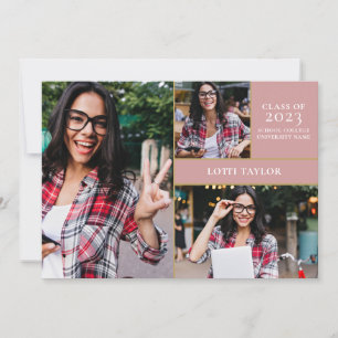 Dusty Rose Pink 3 Photo Gold Graduation Party Invitation