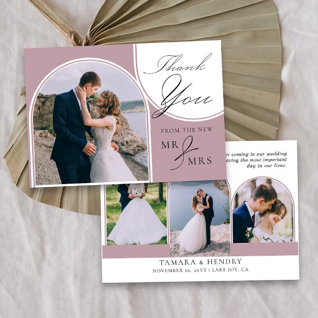 Dusty Rose Pink 4 Arched Photo Wedding Calligraphy Thank You Card (Elegant 4 wedding photo thank you card from the new Mr & Mrs - Wedding Colors collection)
