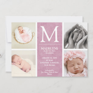 Dusty Rose Pink 4 Photo Collage Newborn Girl Birth Announcement