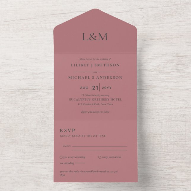 Dusty Rose Pink all-in-1 Wedding with RSVP All In One Invitation (Inside)