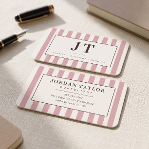 Dusty Rose Pink and Brown Striped Monogram Business Card