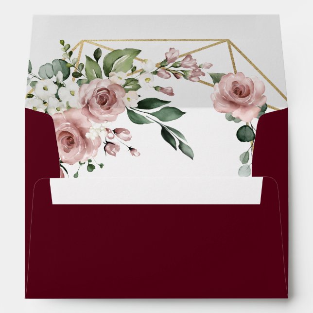 Dusty Rose Pink and Gold Floral Burgundy Wedding Envelope (Back (Bottom))