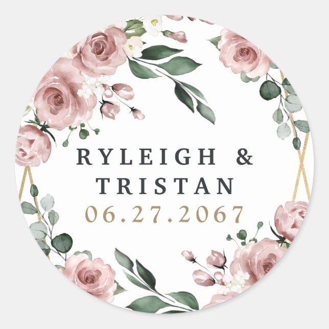 Dusty Rose Pink and Gold Floral Greenery Wedding Classic Round Sticker (Front)