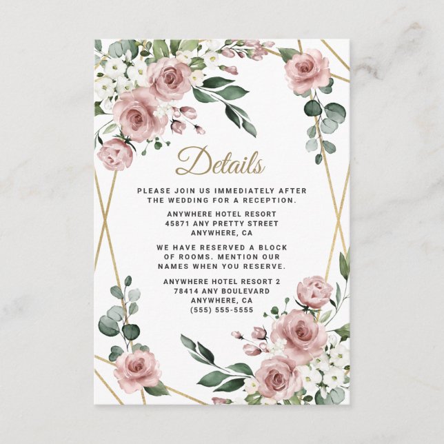 Dusty Rose Pink and Gold Floral Greenery Wedding Enclosure Card (Front)