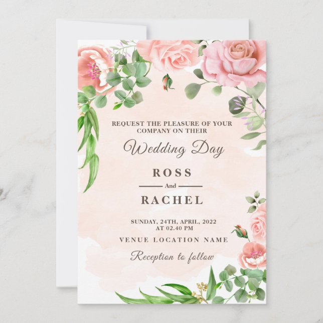Dusty Rose Pink and Gold Floral Greenery Wedding I Invitation (Front)