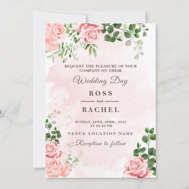 Dusty Rose Pink and Gold Floral Greenery Wedding I Invitation (Front)