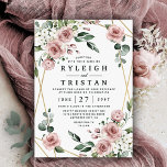 Dusty Rose Pink and Gold Floral Greenery Wedding Invitation<br><div class="desc">Design features an elegant geometric gold colored (printed) frame decorated with watercolor roses in shades of dusty rose pink,  mauve and similar shades with white floral elements over various types of greenery branches and leaves.   View the collection on this page to find matching products from this suite.</div>
