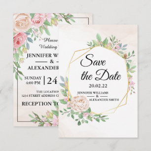 Dusty Rose Pink and Gold Floral Greenery Wedding  Save The Date