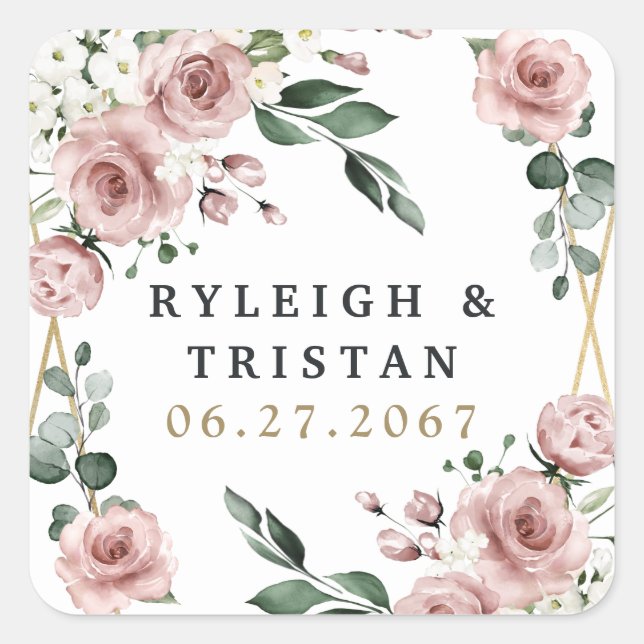 Dusty Rose Pink and Gold Floral Greenery Wedding Square Sticker (Front)