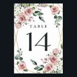 Dusty Rose Pink and Gold Floral Greenery Wedding Table Number<br><div class="desc">Design features an elegant geometric gold coloured (printed) frame decorated with watercolor roses in shades of dusty rose pink,  mauve and similar shades with white floral elements over various types of greenery branches and leaves.   View the collection on this page to find matching products from this suite.</div>