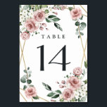 Dusty Rose Pink and Gold Floral Greenery Wedding Table Number<br><div class="desc">Design features an elegant geometric gold coloured (printed) frame decorated with watercolor roses in shades of dusty rose pink,  mauve and similar shades with white floral elements over various types of greenery branches and leaves.   View the collection on this page to find matching products from this suite.</div>
