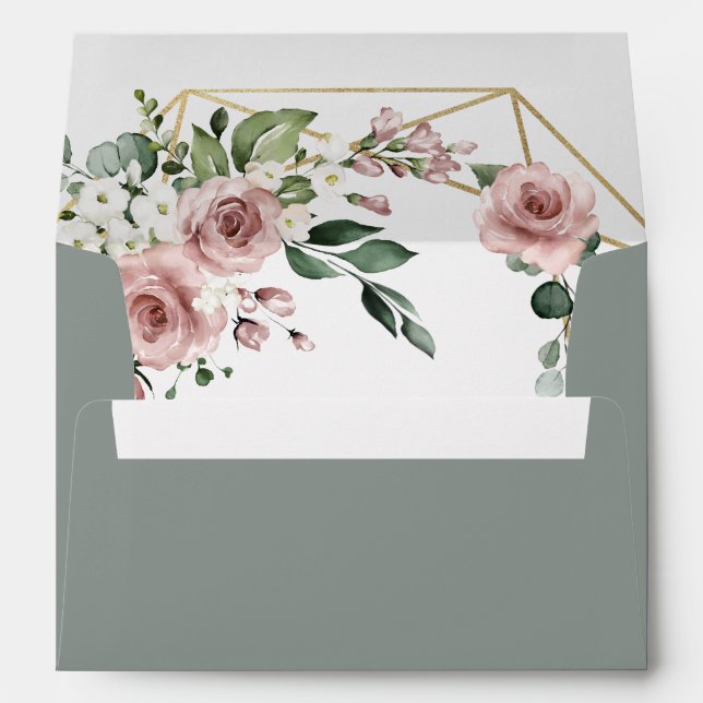 Dusty Rose Pink and Gold Floral Sage Green Wedding Envelope (Back (Bottom))