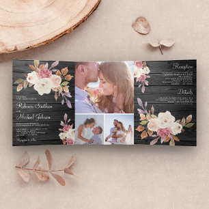 Dusty Rose Pink and Ivory Floral Barn Wood Wedding Tri-Fold Invitation