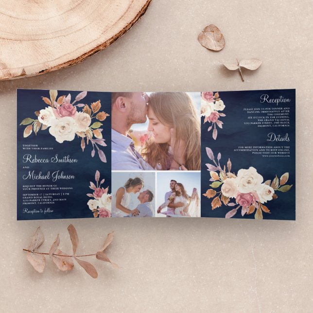 Dusty Rose Pink and Ivory Floral Navy Blue Wedding Tri-Fold Invitation (Creator Uploaded)