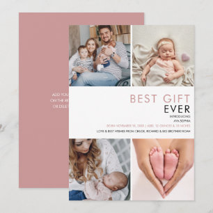 Dusty Rose Pink Baby Girl 4 Photo Birth Announcement