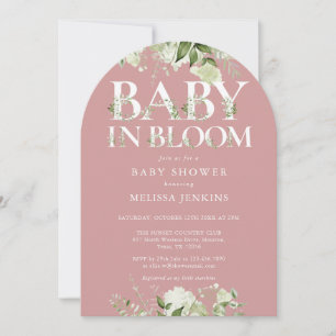 Dusty Rose Pink Baby In Bloom Greenery Baby Shower Invitation