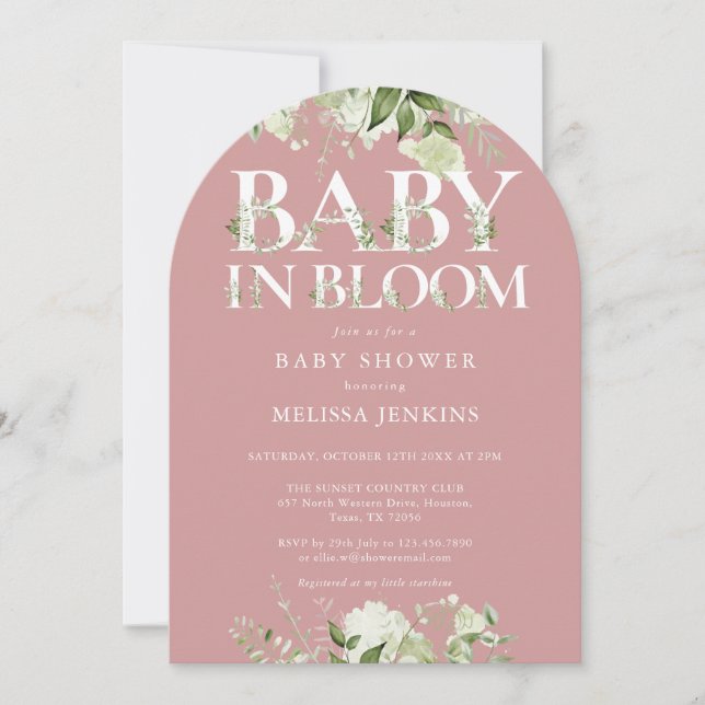 Dusty Rose Pink Baby In Bloom Greenery Baby Shower Invitation (Front)