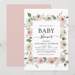 Dusty Rose Pink Baby Shower Floral Greenery Invitation