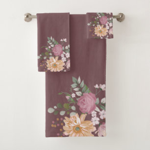 Dusty Rose Pink Background Foliage Floral Borders  Bath Towel Set