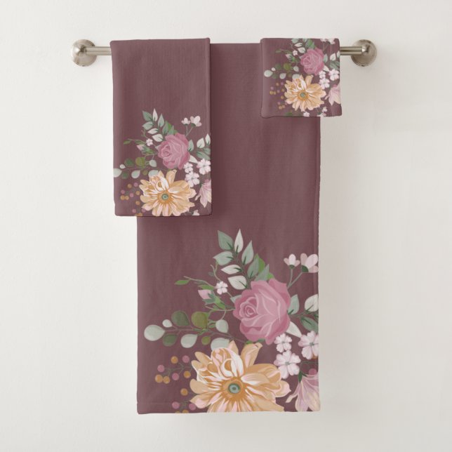 Dusty Rose Pink Background Foliage Floral Borders  Bath Towel Set (Insitu)