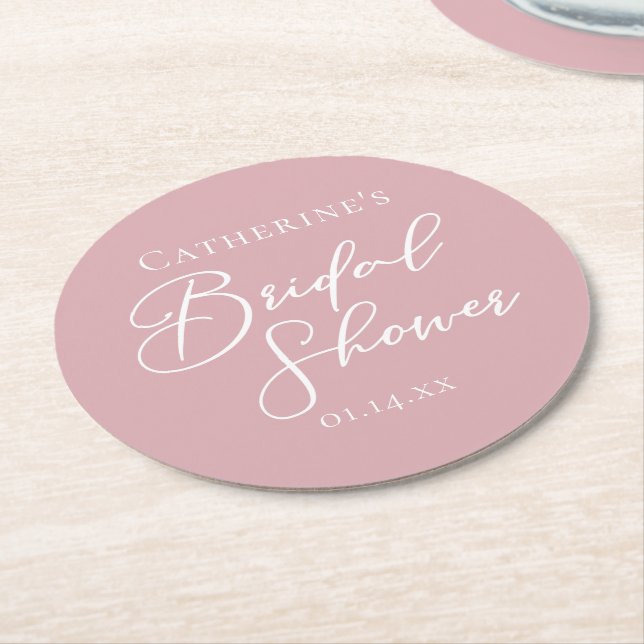 Dusty Rose Pink Bridal Shower Personalised Round Paper Coaster (Angled)