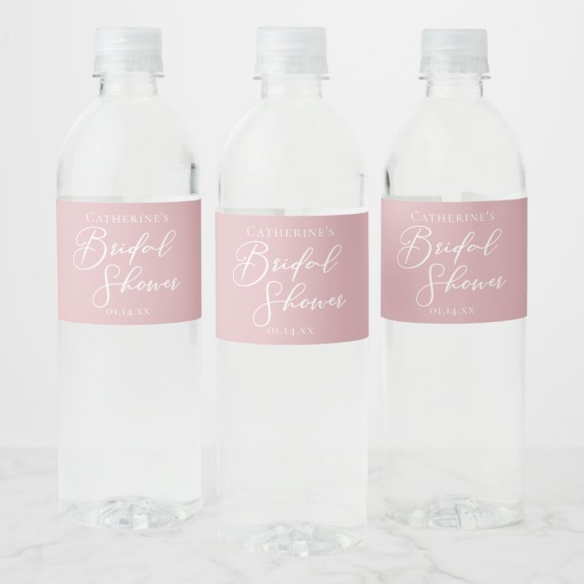 Dusty Rose Pink Bridal Shower Personalised Water Bottle Label (Bottles)