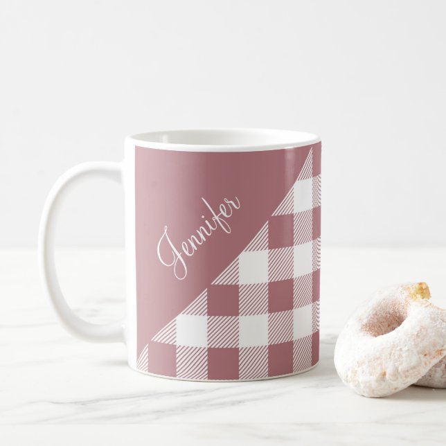 Dusty Rose Pink Buffalo Plaid Check Pattern Name Coffee Mug (With Donut)