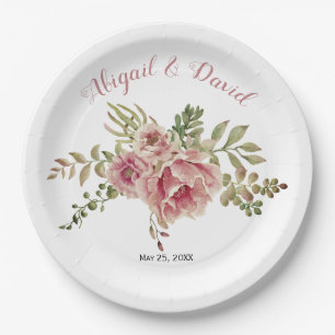 Dusty rose pink cactus flowers, succulent wedding paper plate