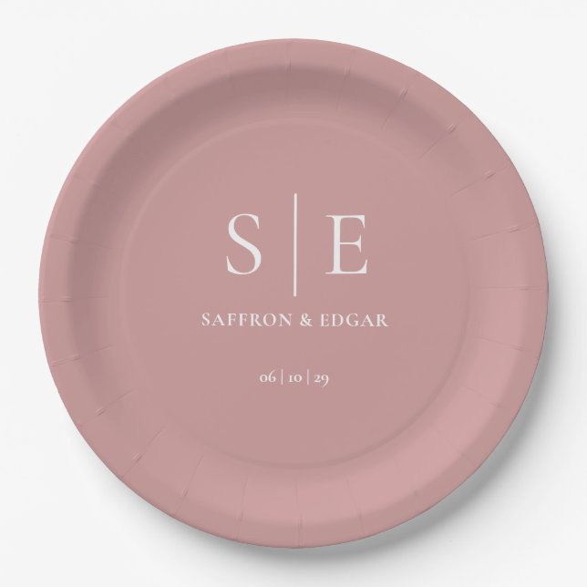 Dusty Rose Pink Chic Monogram Wedding Paper Plate (Front)