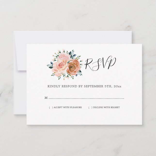 Dusty Rose Pink Coral Peach Botanical Wedding RSVP Card (Front)