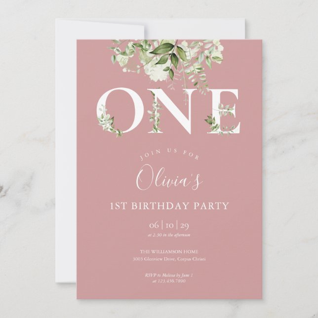 Dusty Rose Pink Cute Floral Greenery 1st Birthday Invitation (Front)