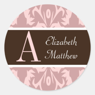 Dusty Rose Pink Damask Last and First Name Sticker