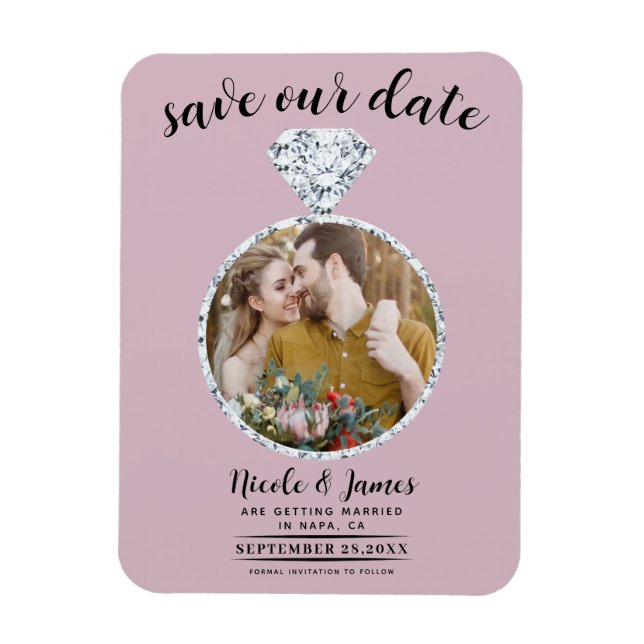 Dusty Rose Pink Diamond Ring Bling Save the Date Magnet (Vertical)