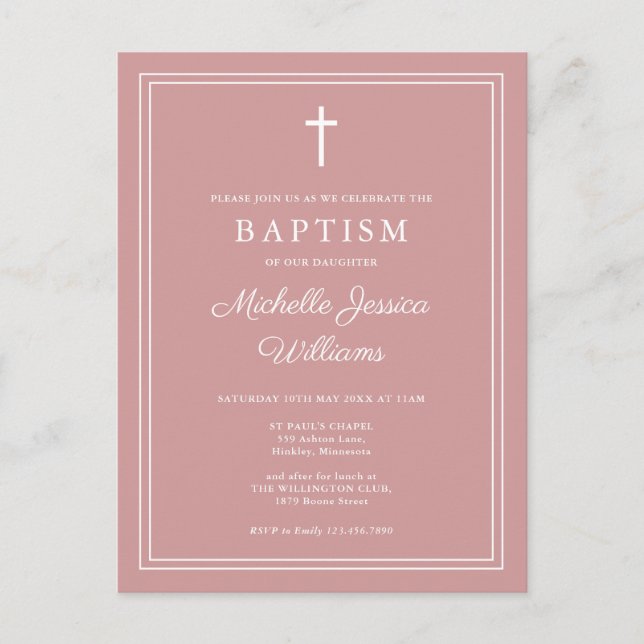 Dusty Rose Pink Elegant Border Baptism Invitation Postcard (Front)