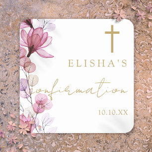 Dusty Rose Pink Elegant Floral Confirmation Square Sticker