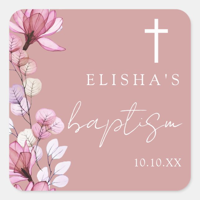 Dusty Rose Pink Elegant Modern Floral Baptism Square Sticker (Front)