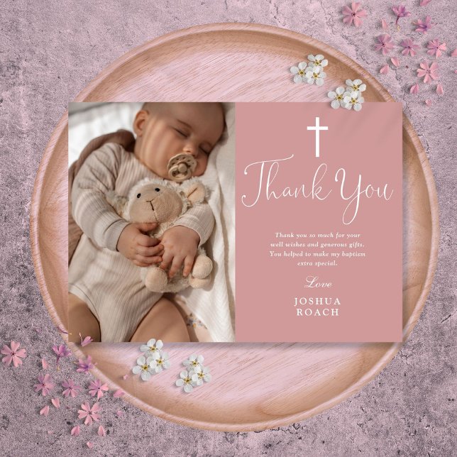 Dusty Rose Pink Elegant Script Photo Baptism Thank You Card (Dusty Rose Pink Elegant Script Photo Baptism Thank You Card)