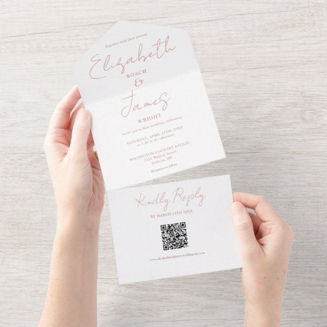 Dusty Rose Pink Elegant Script QR Code Wedding All In One Invitation (Tearaway)