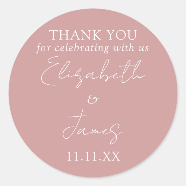 Dusty Rose Pink Elegant Script Wedding Thank You Classic Round Sticker (Front)