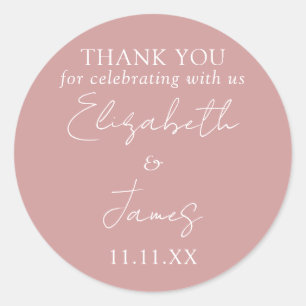 Dusty Rose Pink Elegant Script Wedding Thank You Classic Round Sticker