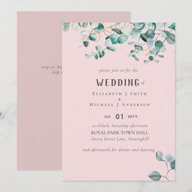Dusty Rose Pink Eucalyptus WEDDING Invitation (Front/Back)