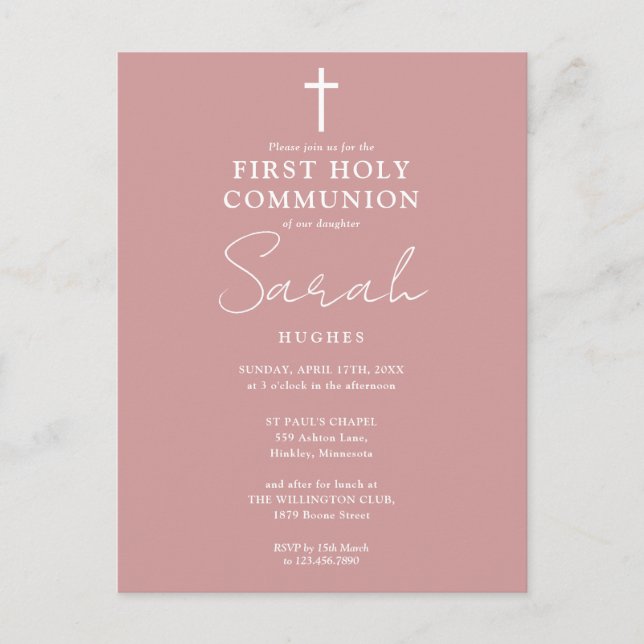 Dusty Rose Pink First Holy Communion Invitation Postcard (Front)
