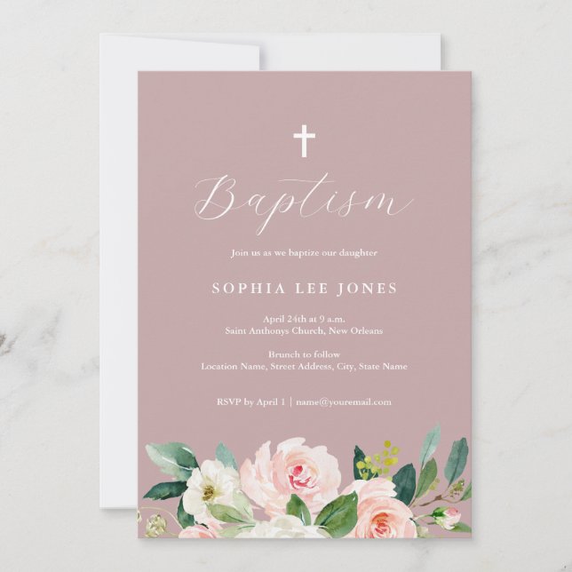 Dusty Rose Pink Floral Baptism Invitation (Front)