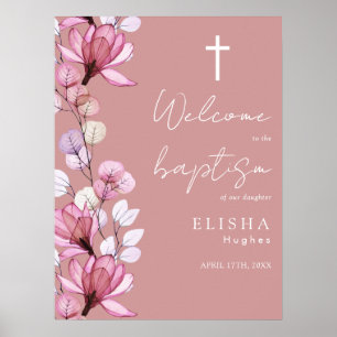 Dusty Rose Pink Floral Baptism Welcome Sign