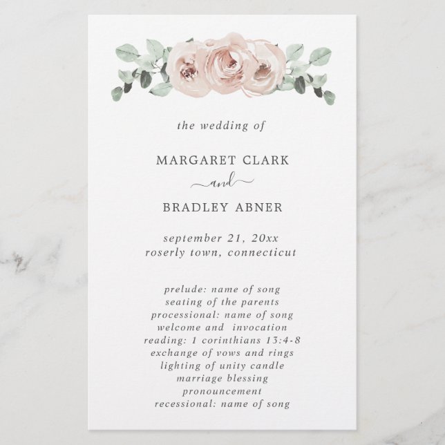 Dusty Rose Pink Floral Budget Wedding Program Flyer (Front)
