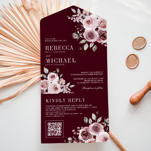 Dusty Rose Pink Floral Burgundy QR Code Wedding All In One Invitation