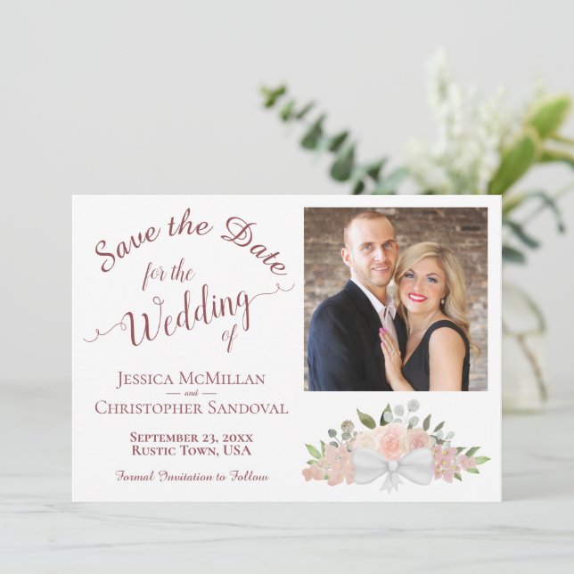Dusty Rose Pink Floral Calligraphy Photo Wedding Save The Date (Standing Front)