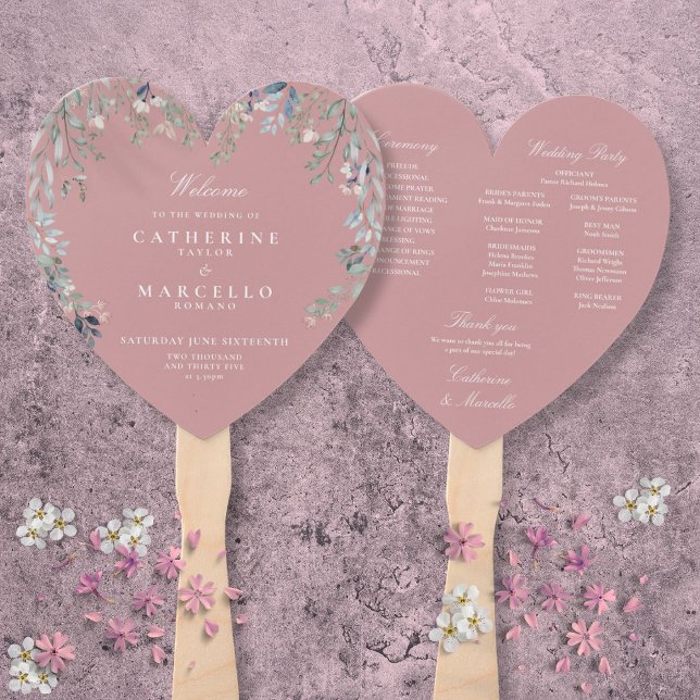 Dusty Rose Pink Floral Cascade Wedding Program Hand Fan (Dusty Rose Pink Floral Cascade Wedding Program Hand Fan)