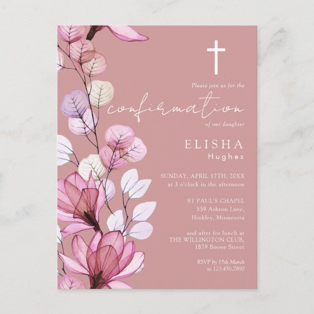 Dusty Rose Pink Floral Confirmation Invitation Postcard (Front)